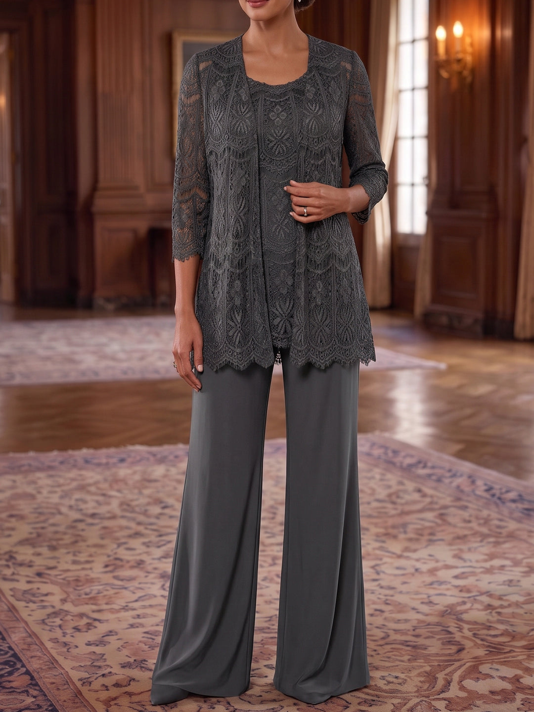 3 Pieces Chiffon Scoop Mother of the Bride Pantsuits Ankle-Length Lace 3/4 Sleeves & Sleeveless With Jacket