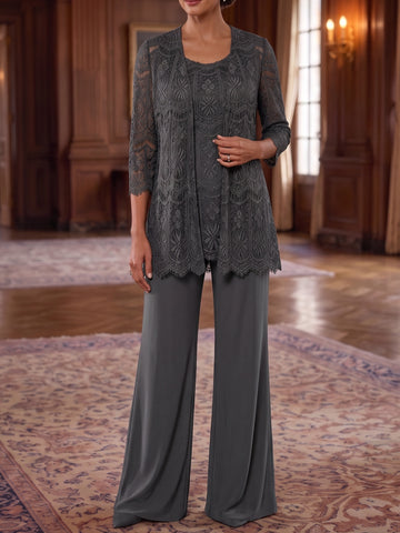 3 Pieces Chiffon Scoop Mother of the Bride Pantsuits Ankle-Length Lace 3/4 Sleeves & Sleeveless With Jacket