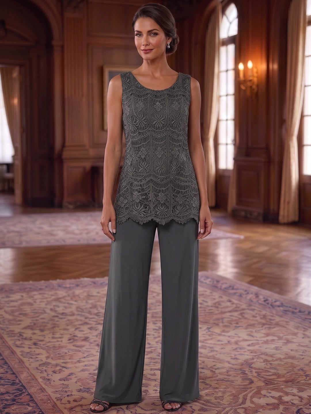 3 Pieces Chiffon Scoop Mother of the Bride Pantsuits Ankle-Length Lace 3/4 Sleeves & Sleeveless With Jacket