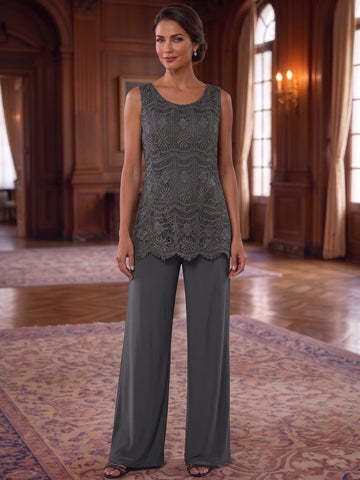 3 Pieces Chiffon Scoop Mother of the Bride Pantsuits Ankle-Length Lace 3/4 Sleeves & Sleeveless With Jacket