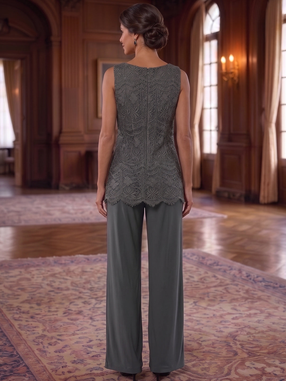 3 Pieces Chiffon Scoop Mother of the Bride Pantsuits Ankle-Length Lace 3/4 Sleeves & Sleeveless With Jacket