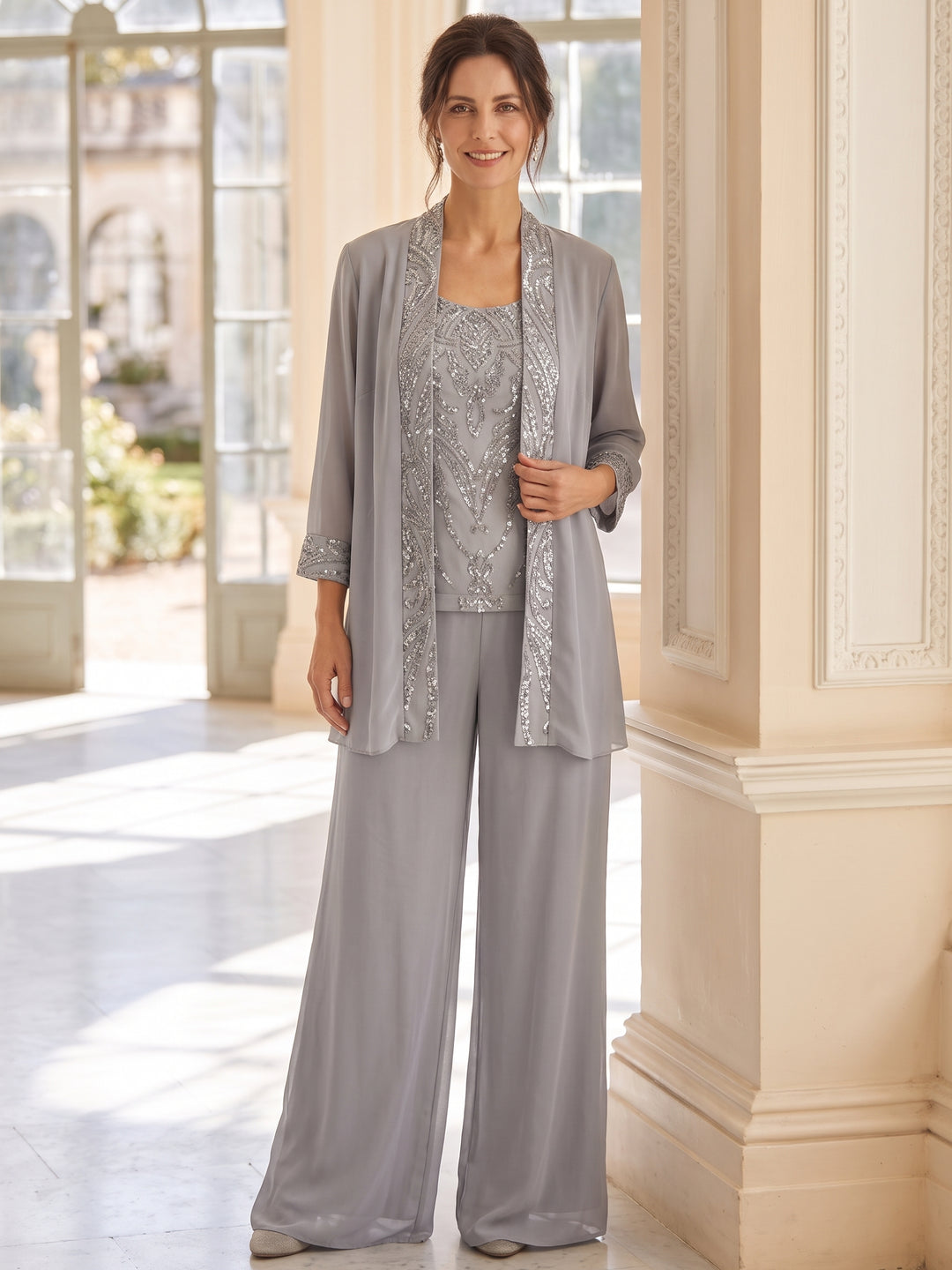 3 Pieces Scoop Neck Chiffon Mother of the Bride & Groom Pantsuits With Jacket 3/4 Sleeves With Beading