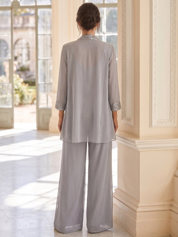3 Pieces Scoop Neck Chiffon Mother of the Bride & Groom Pantsuits With Jacket 3/4 Sleeves With Beading