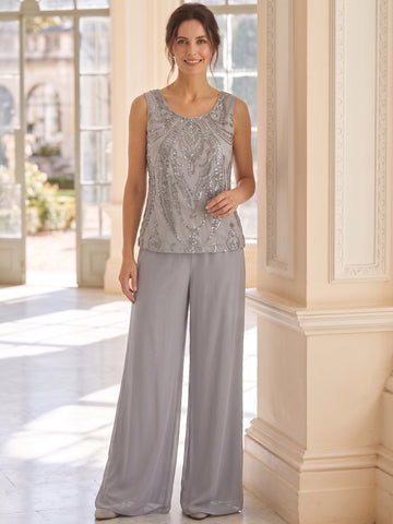 3 Pieces Scoop Neck Chiffon Mother of the Bride & Groom Pantsuits With Jacket 3/4 Sleeves With Beading