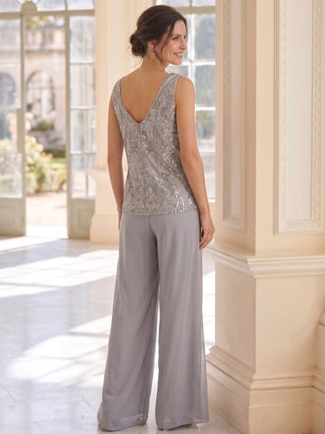 3 Pieces Scoop Neck Chiffon Mother of the Bride & Groom Pantsuits With Jacket 3/4 Sleeves With Beading
