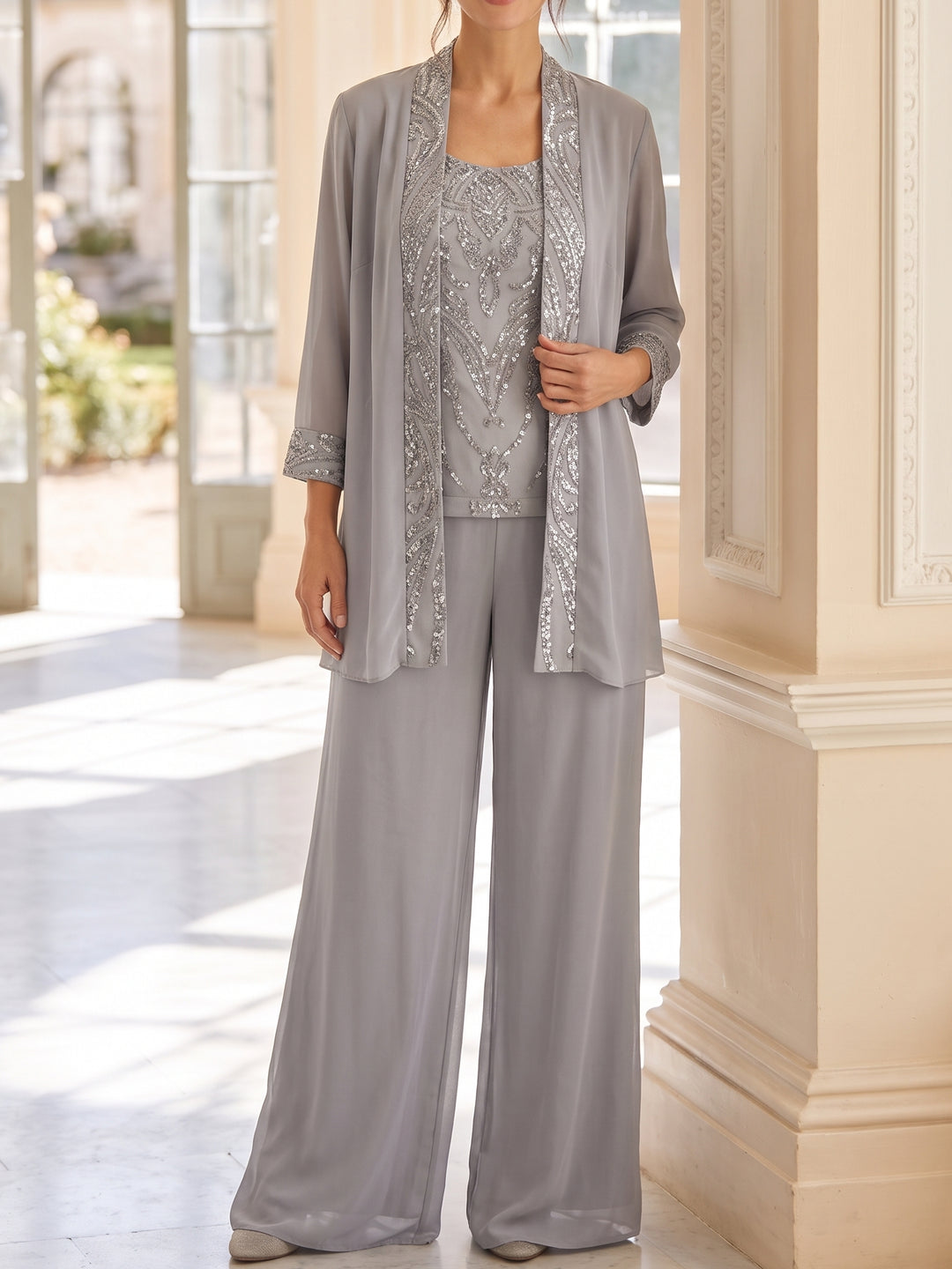 3 Pieces Scoop Neck Chiffon Mother of the Bride & Groom Pantsuits With Jacket 3/4 Sleeves With Beading