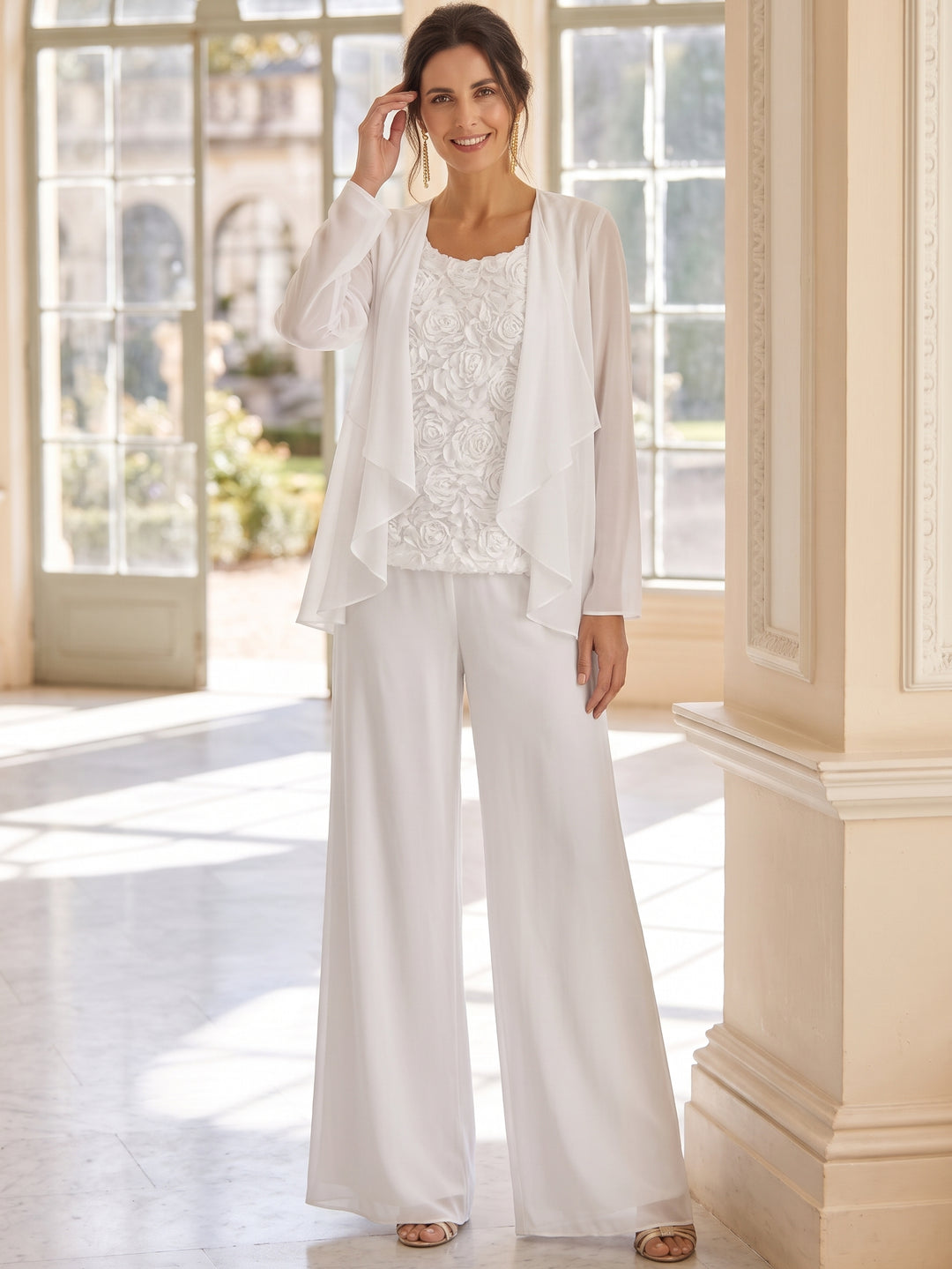 3 Pieces Chiffon Scoop Mother of the Bride Pantsuits Ankle-Length Long Sleeves & Sleeveless 3D Flowers with Jacket