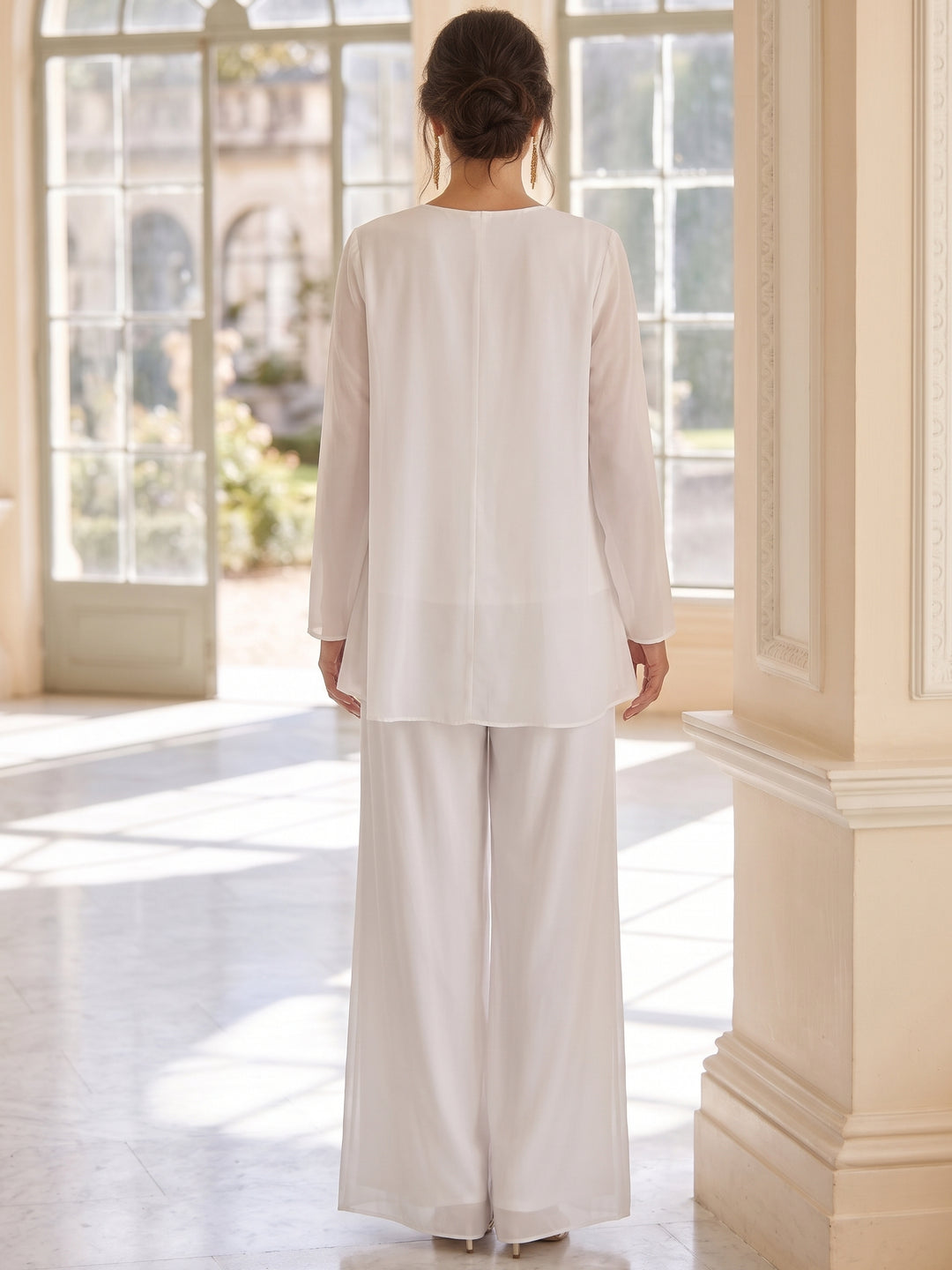 3 Pieces Chiffon Scoop Mother of the Bride Pantsuits Ankle-Length Long Sleeves & Sleeveless 3D Flowers with Jacket