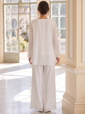 3 Pieces Chiffon Scoop Mother of the Bride Pantsuits Ankle-Length Long Sleeves & Sleeveless 3D Flowers with Jacket