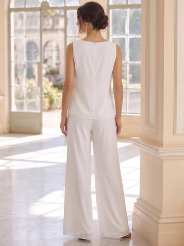 3 Pieces Chiffon Scoop Mother of the Bride Pantsuits Ankle-Length Long Sleeves & Sleeveless 3D Flowers with Jacket