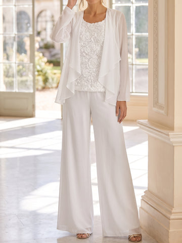 3 Pieces Chiffon Scoop Mother of the Bride Pantsuits Ankle-Length Long Sleeves & Sleeveless 3D Flowers with Jacket