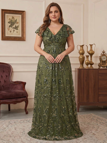 A-Line Plus Size Mother of the Bride Dresses Lace Appliques Sequin V-Neck Short Sleeves Floor-Length