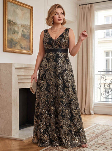A-Line Plus Size Mother of the Bride Dresses Lace Appliques Sequin Deep V-Neck Sleeveless Floor-Length