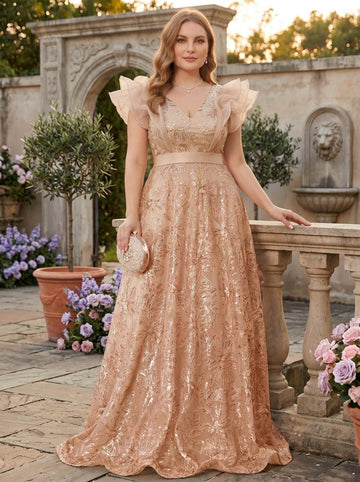 A-Line/Princess Plus Size Mother of the Bride Dresses Ruffles Beaded Short Sleeves Floor-Length Formal Elegant Dresses