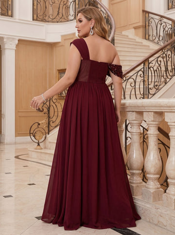 A-Line/Princess One-Shoulder Satin Plus Size Mother of the Bride Dresses Sequins Split Side Floor-Length