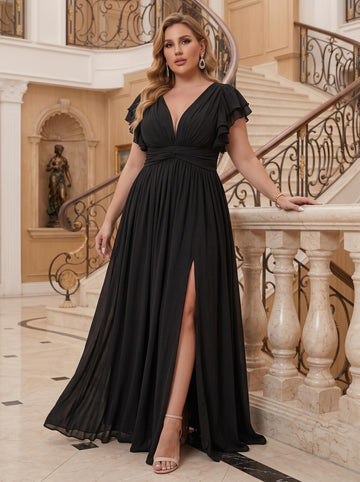 A-Line Deep V-Neck Chiffon Plus Size Mother of the Bride Dresses Ruffle Floor-Length Short Sleeves