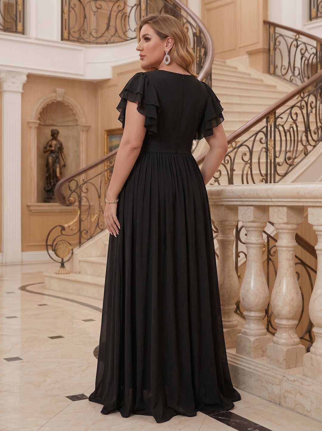 A-Line Deep V-Neck Chiffon Plus Size Mother of the Bride Dresses Ruffle Floor-Length Short Sleeves