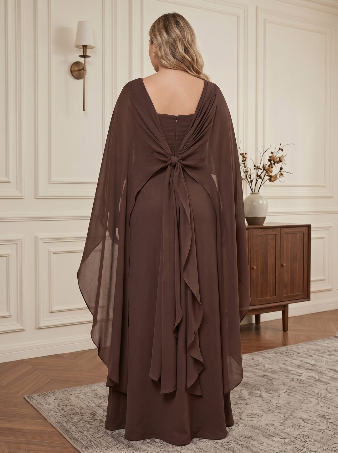 Sheath/Column Boat Neck Sleeveless Shawl Chiffon Floor-Length Plus Size Mother of the Bride Dresses
