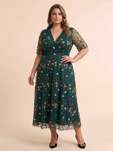 A-Line/Princess V-Neck Short Sleeves Embroidered Tea-Length Plus Size Mother of the Bride Dresses