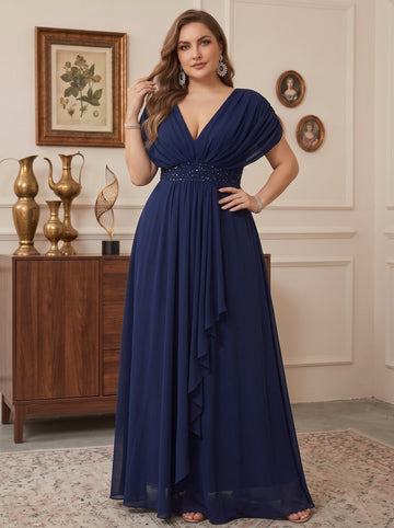 A-Line/Princess V-Neck Short Sleeves Rhinestone Chiffon Floor-Length Plus Size Mother of the Bride Dresses