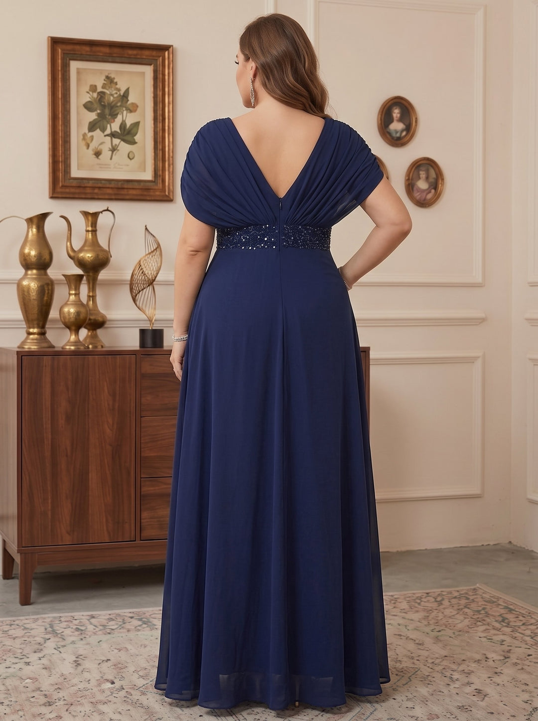 A-Line/Princess V-Neck Short Sleeves Rhinestone Chiffon Floor-Length Plus Size Mother of the Bride Dresses
