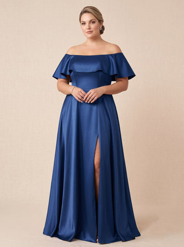 A-Line/Princess Off-the-Shoulder Short Sleeves Slit Ruffles Satin Floor-Length Plus Size Mother of the Bride Dresses Sequins Split Side Floor-Length