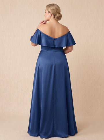 A-Line/Princess Off-the-Shoulder Short Sleeves Slit Ruffles Satin Floor-Length Plus Size Mother of the Bride Dresses Sequins Split Side Floor-Length