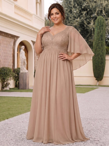 A-Line/Princess V-Neck Half Sleeves Cape Chiffon Floor-Length Plus Size Mother of the Bride Dresses
