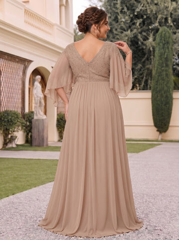 A-Line/Princess V-Neck Half Sleeves Cape Chiffon Floor-Length Plus Size Mother of the Bride Dresses