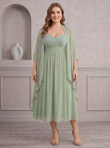 A-Line/Princess Sweetheart Cape Sleeves Chiffon Tea-Length Plus Size Mother of the Bride Dresses