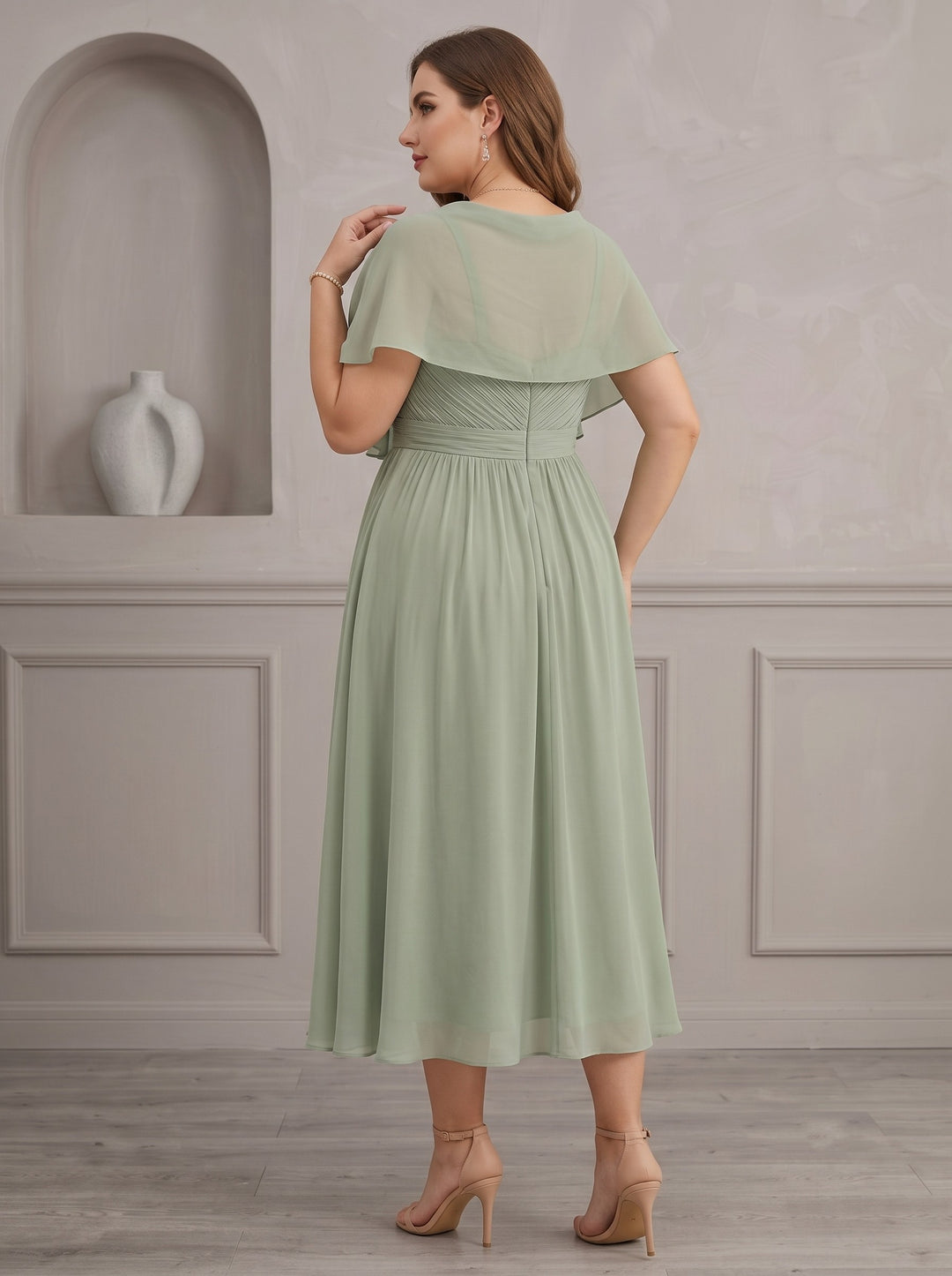 A-Line/Princess Sweetheart Cape Sleeves Chiffon Tea-Length Plus Size Mother of the Bride Dresses