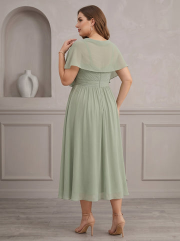 A-Line/Princess Sweetheart Cape Sleeves Chiffon Tea-Length Plus Size Mother of the Bride Dresses