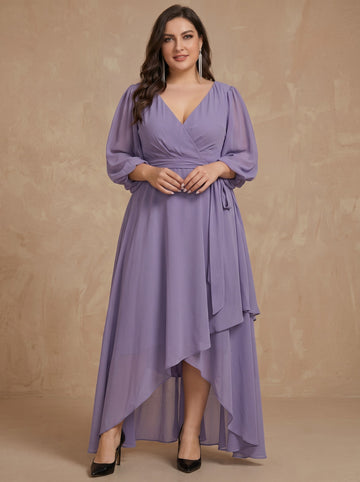 A-Line/Princess V-Neck Long Sleeves Petal Chiffon Tea-Length Plus Size Mother of the Bride Dresses