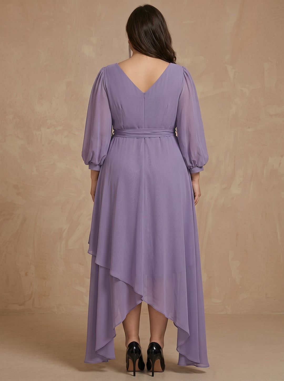 A-Line/Princess V-Neck Long Sleeves Petal Chiffon Tea-Length Plus Size Mother of the Bride Dresses