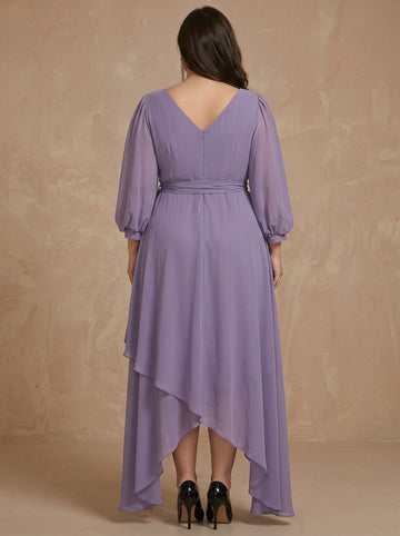 A-Line/Princess V-Neck Long Sleeves Petal Chiffon Tea-Length Plus Size Mother of the Bride Dresses