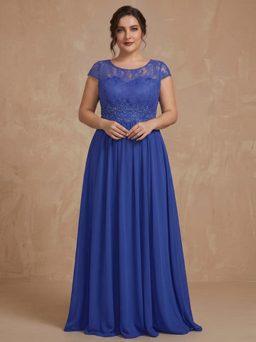 A-Line/Princess Scoop Short Sleeves Lace Chiffon Floor-Length Plus Size Mother of the Bride Dresses