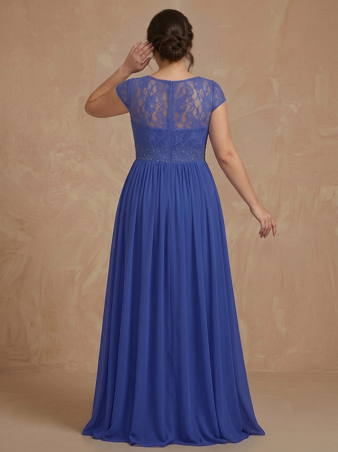 A-Line/Princess Scoop Short Sleeves Lace Chiffon Floor-Length Plus Size Mother of the Bride Dresses