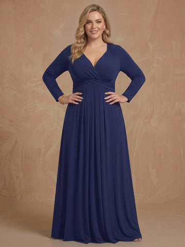 A-Line/Princess V-Neck Long Sleeves Chiffon Floor-Length Plus Size Mother of the Bride Dresses
