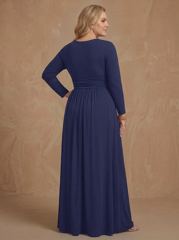 A-Line/Princess V-Neck Long Sleeves Chiffon Floor-Length Plus Size Mother of the Bride Dresses