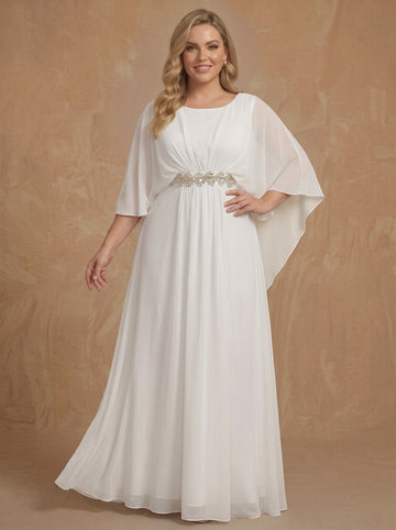 White A-Line/Princess Scoop Half Sleeves Crystal Chiffon Floor-Length Plus Size Mother of the Bride Dresses