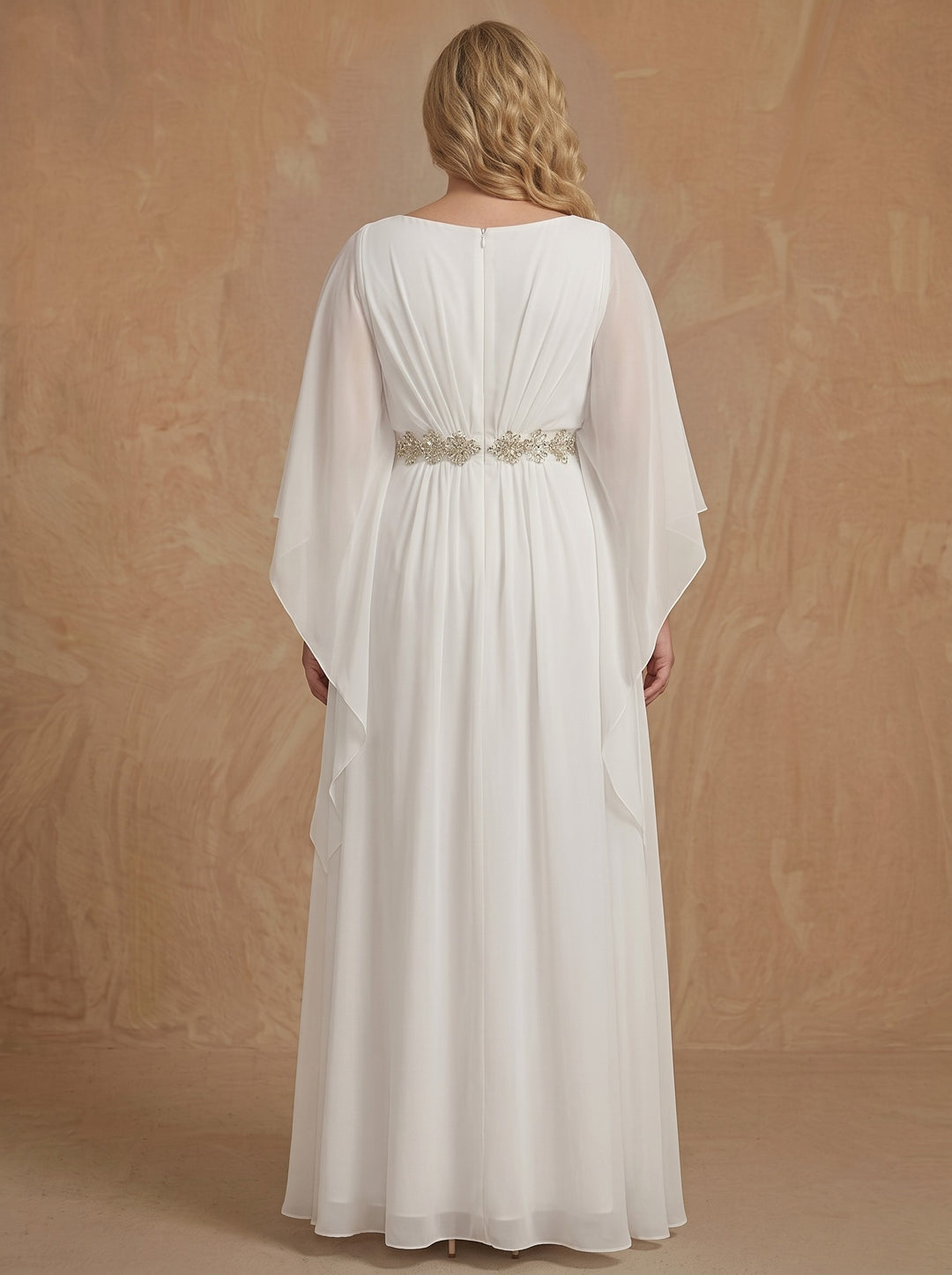 White A-Line/Princess Scoop Half Sleeves Crystal Chiffon Floor-Length Plus Size Mother of the Bride Dresses