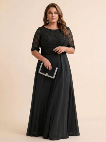 A-Line/Princess Scoop Half Sleeves Sequins Chiffon Floor-Length Plus Size Mother of the Bride Dresses