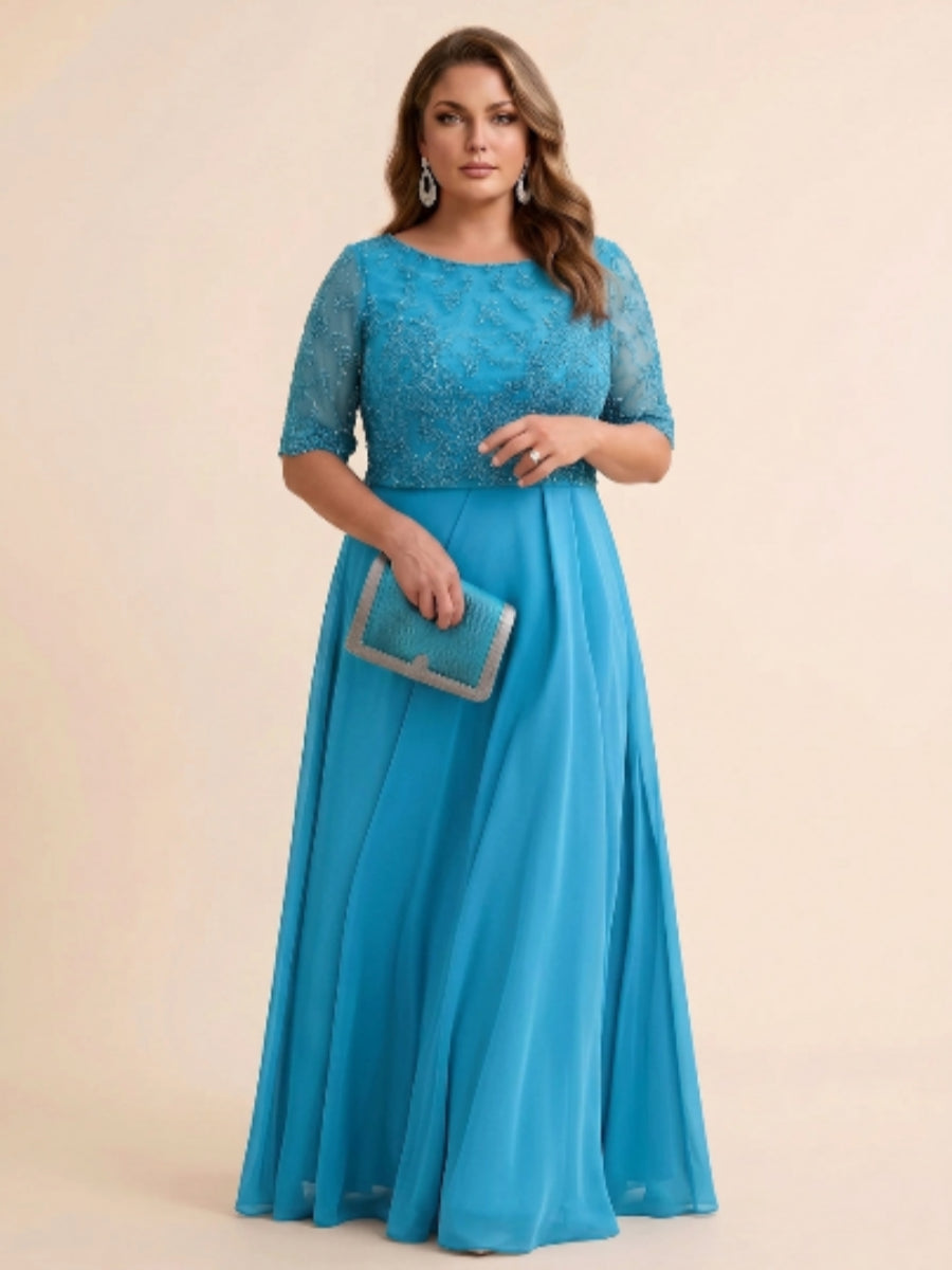 A-Line/Princess Scoop Half Sleeves Sequins Chiffon Floor-Length Plus Size Mother of the Bride Dresses