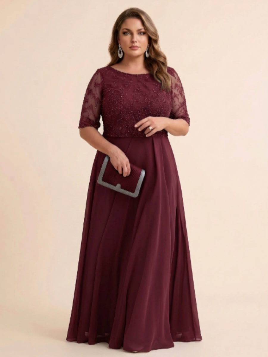 A-Line/Princess Scoop Half Sleeves Sequins Chiffon Floor-Length Plus Size Mother of the Bride Dresses
