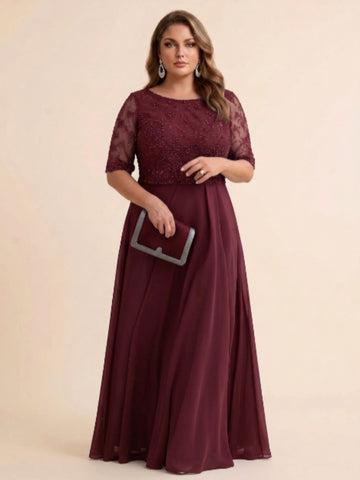A-Line/Princess Scoop Half Sleeves Sequins Chiffon Floor-Length Plus Size Mother of the Bride Dresses