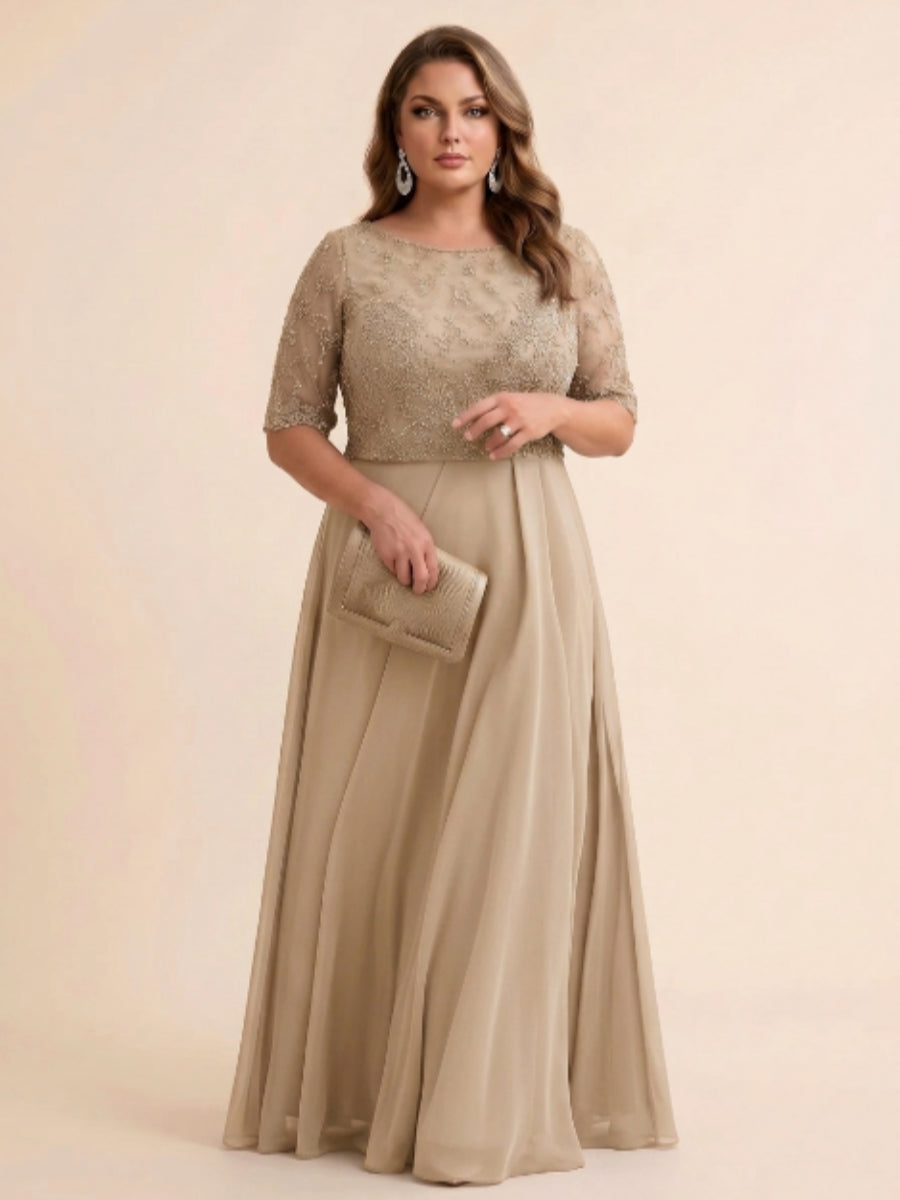 A-Line/Princess Scoop Half Sleeves Sequins Chiffon Floor-Length Plus Size Mother of the Bride Dresses