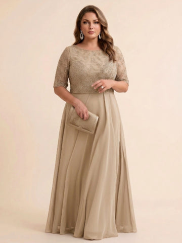 A-Line/Princess Scoop Half Sleeves Sequins Chiffon Floor-Length Plus Size Mother of the Bride Dresses
