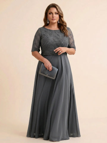 A-Line/Princess Scoop Half Sleeves Sequins Chiffon Floor-Length Plus Size Mother of the Bride Dresses