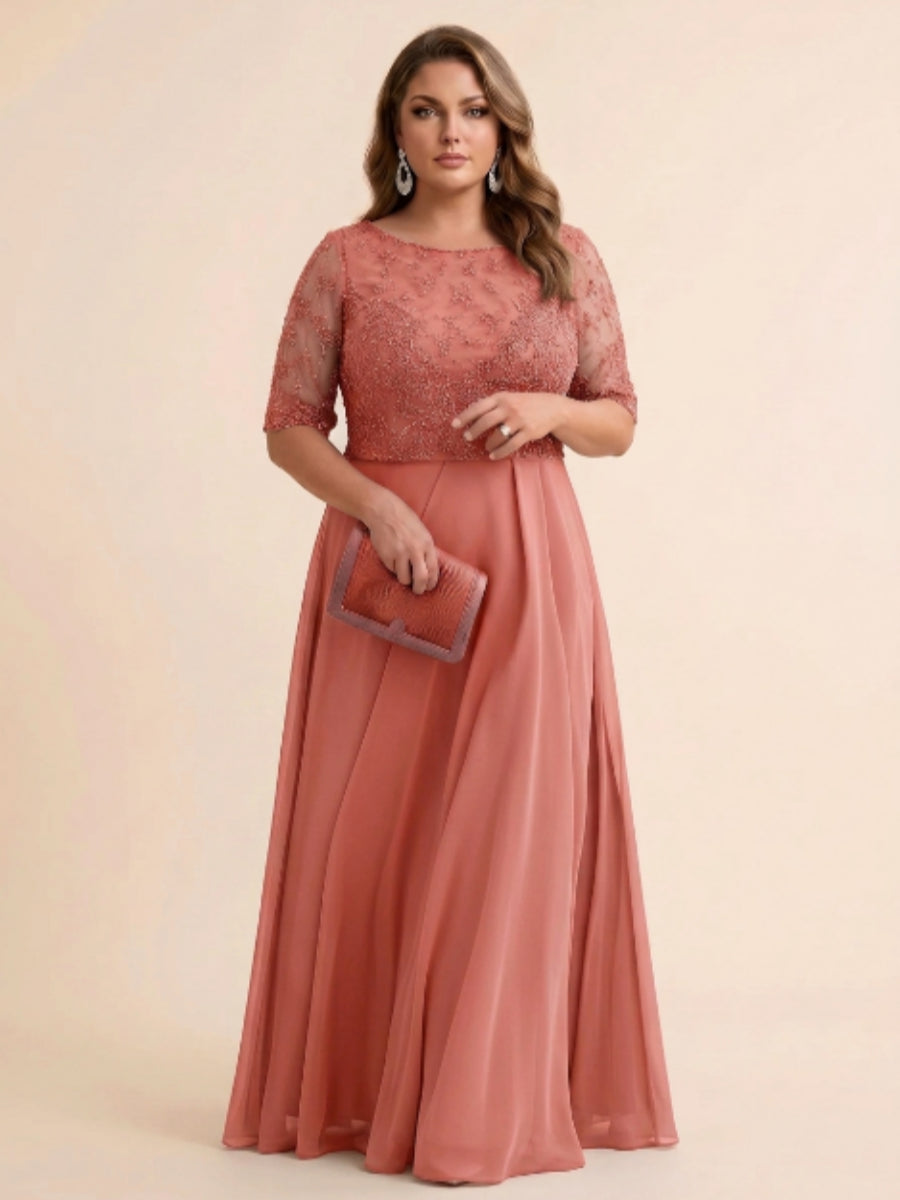 A-Line/Princess Scoop Half Sleeves Sequins Chiffon Floor-Length Plus Size Mother of the Bride Dresses