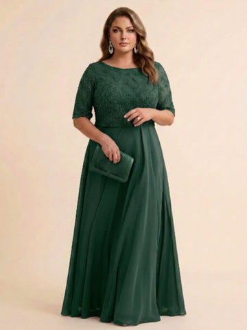 A-Line/Princess Scoop Half Sleeves Sequins Chiffon Floor-Length Plus Size Mother of the Bride Dresses